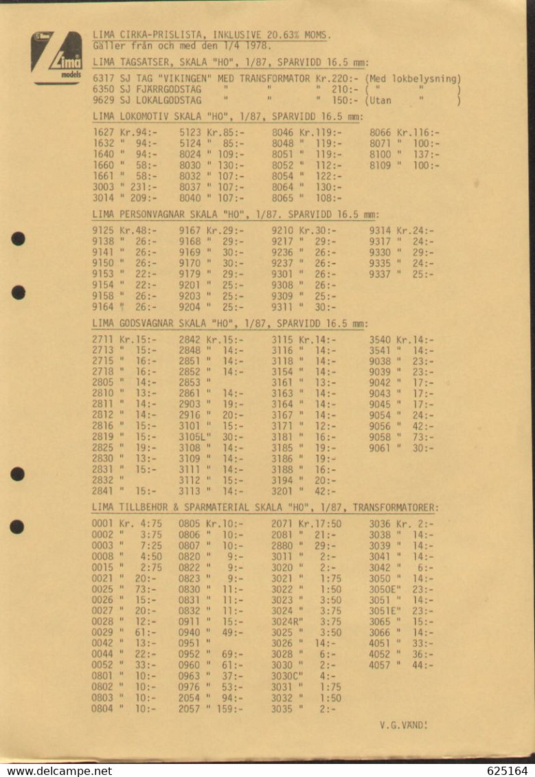 Catalogue LIMA 1978 CIRKAPRISLISTA SEK - ONLY PREISLISTE HO O N - En Suédois - Non Classificati