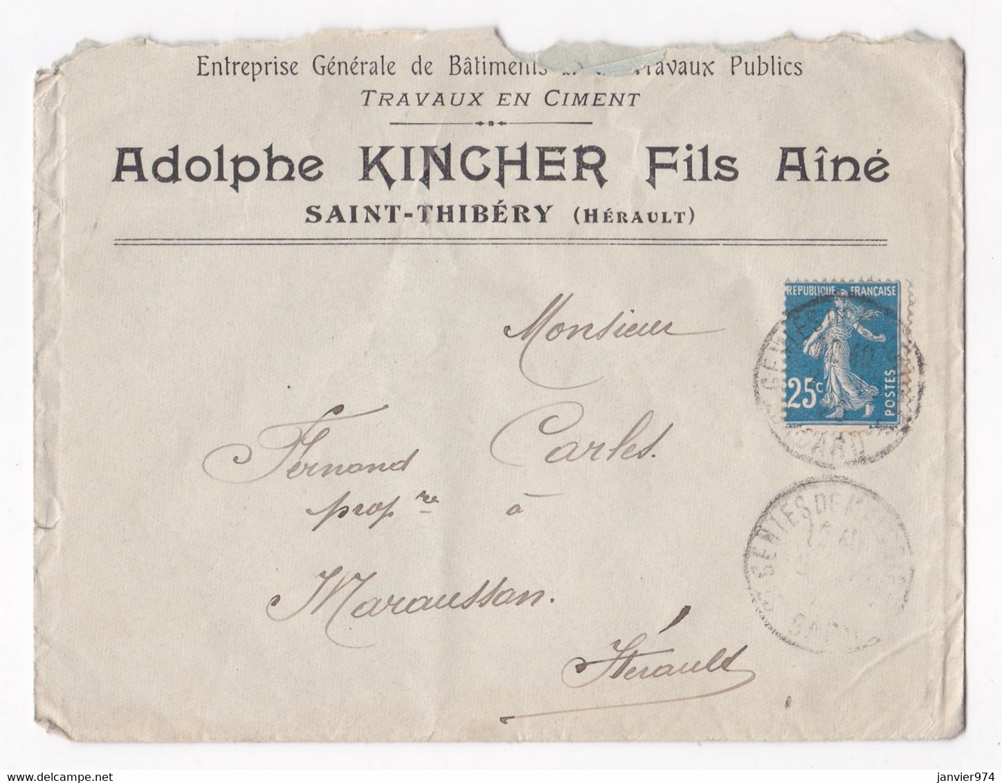 Enveloppe 1920 Adolphe Kincher Fils Ainé Saint Thibery Hérault - Storia Postale