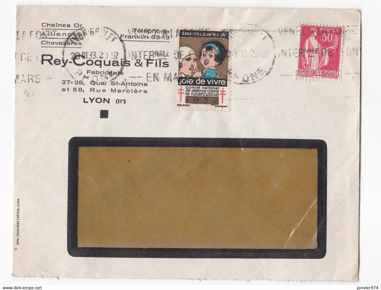 Enveloppe 1933 , Rey-Coquais & Fils Fabriquant à Lyon - Storia Postale