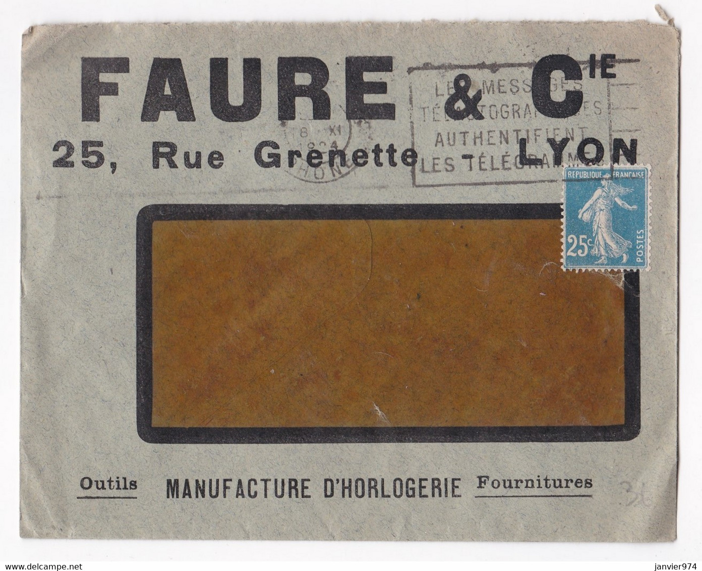 Enveloppe 1924, Faure & Cie , Manufacture D’horlogerie à Lyon - Storia Postale