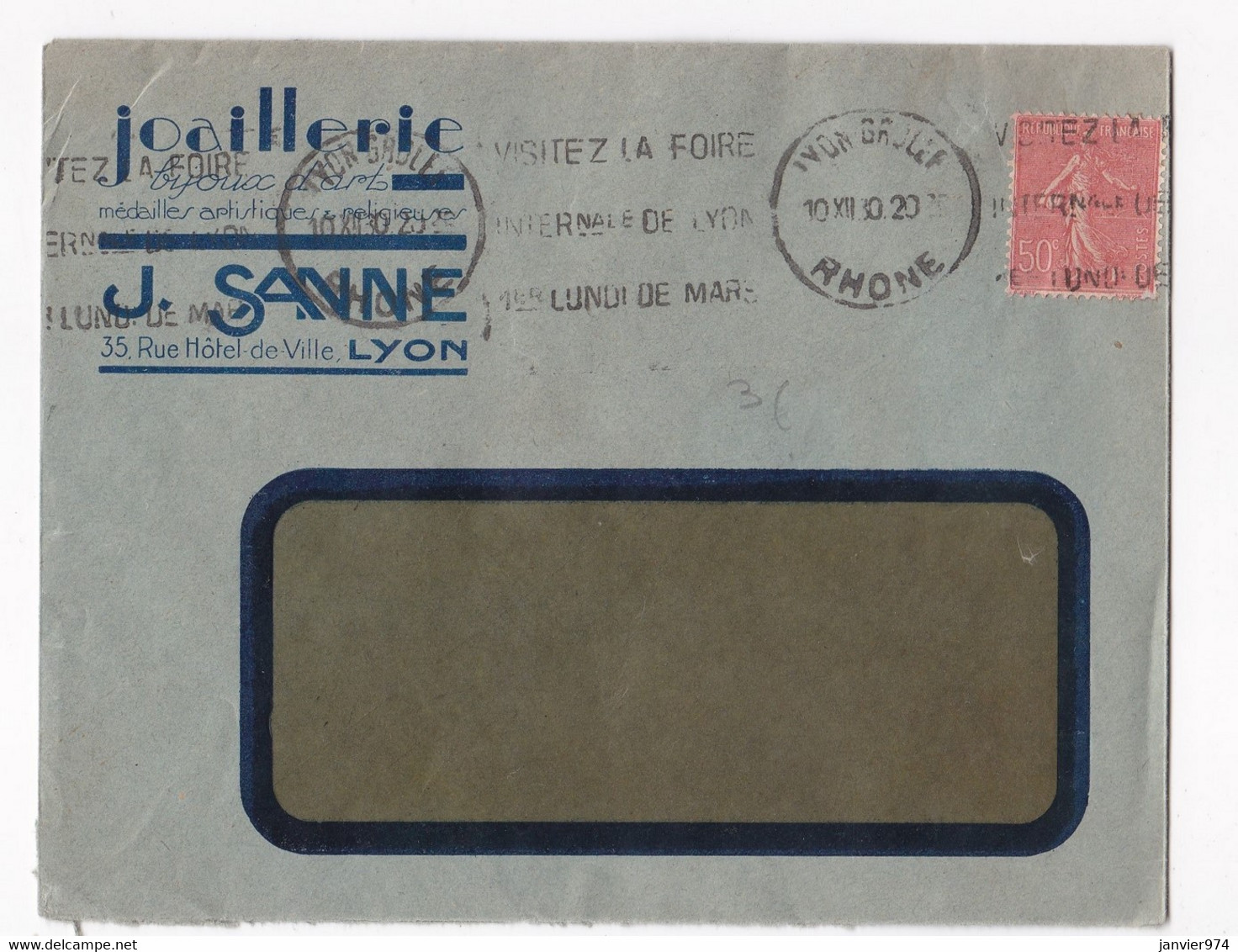 Enveloppe 1920, Joaillerie J. Sanne à Lyon - Cartas & Documentos