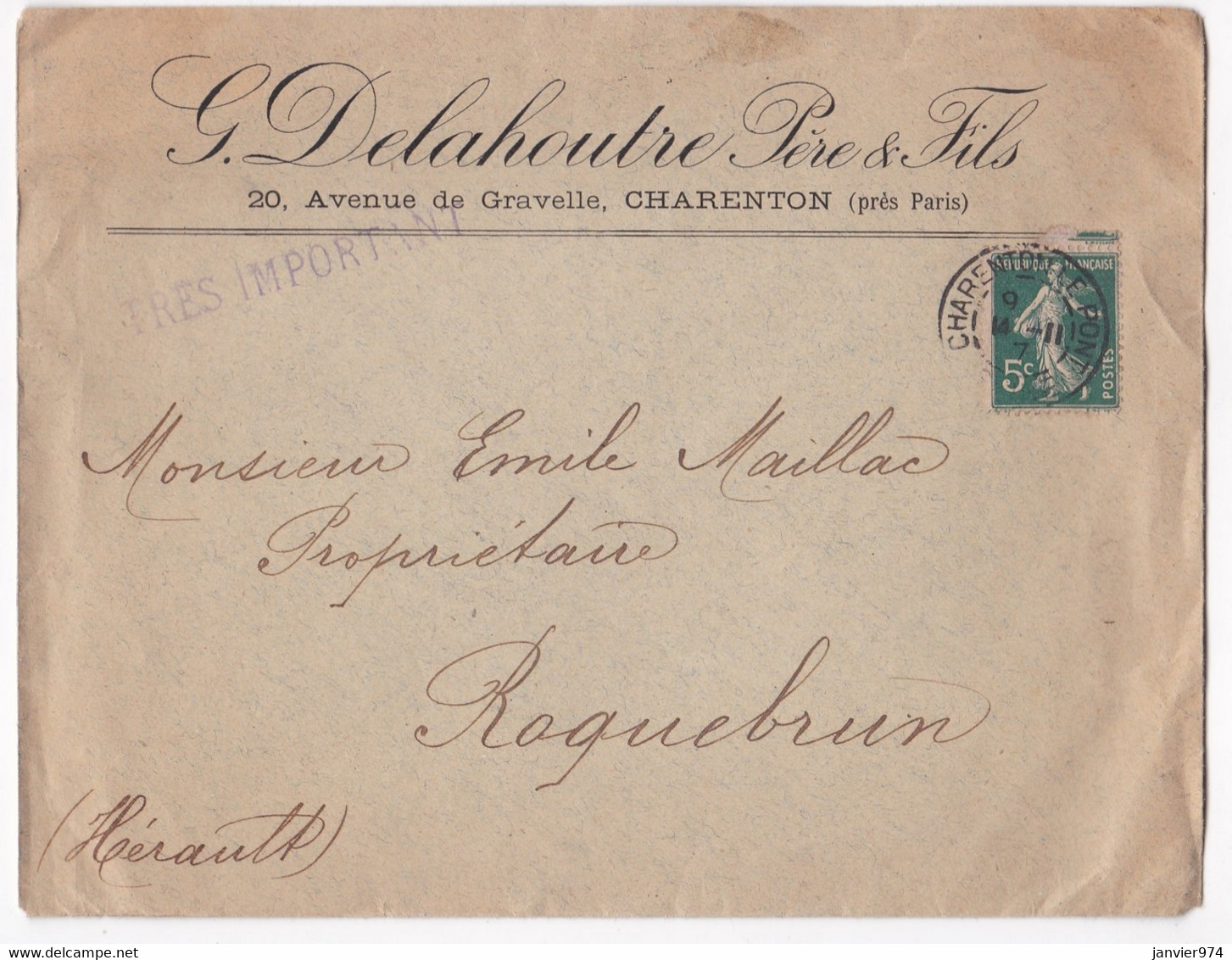 Enveloppe 1907, G. Delahoutre Père & Fils à Charenton - Briefe U. Dokumente