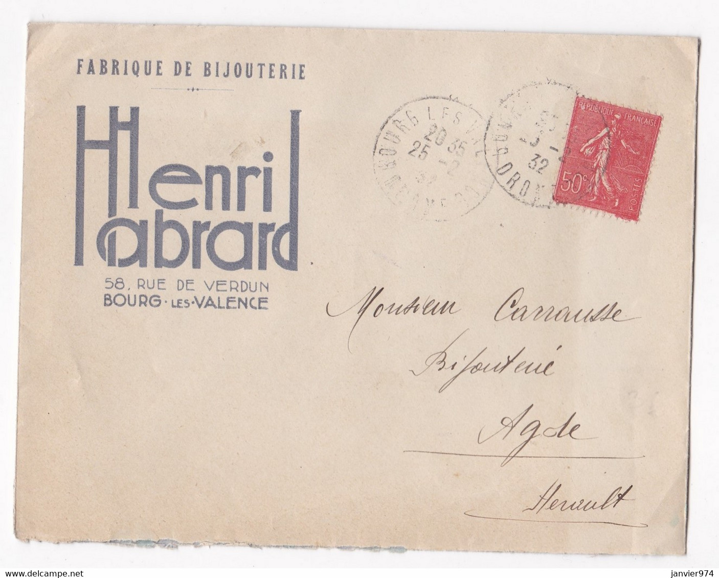 Enveloppe 1932 Fabrique De Bijouterie Henri Habrard à Bourg Les Valence - Lettres & Documents