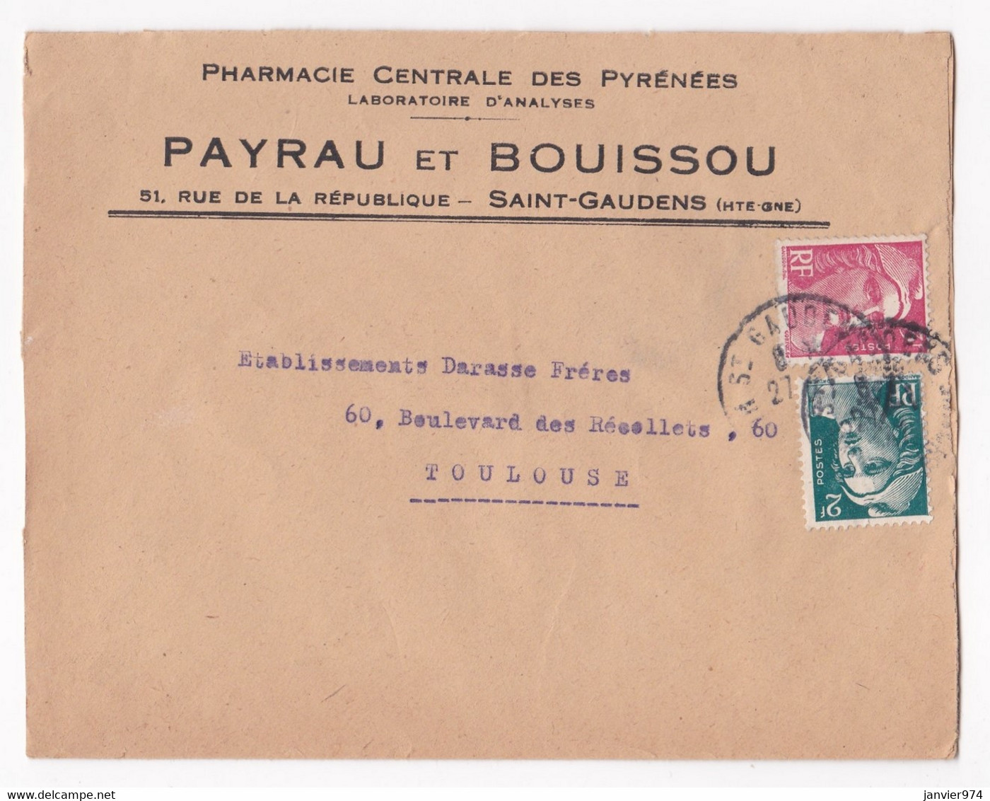 Enveloppe, Pharmacie Centrale Des Pyrénées Payrau Et Bouissou à Saint Gaudens - Covers & Documents