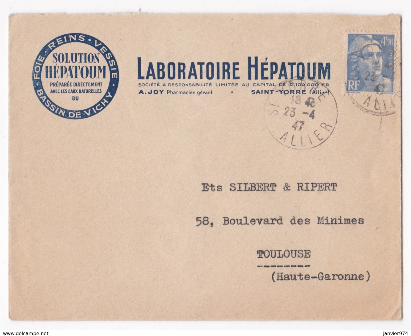 Enveloppe 1947 , Laboratoire Hépatoum , Joy Pharmacien , à Saint Yorre - Covers & Documents