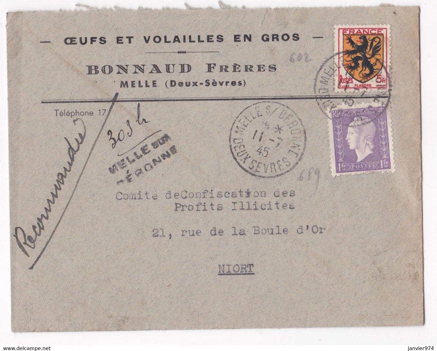 Enveloppe 1945, Œufs Et Volailles En Gros , Bonnaud Frères à Melle , Deux-Sevres - Brieven En Documenten