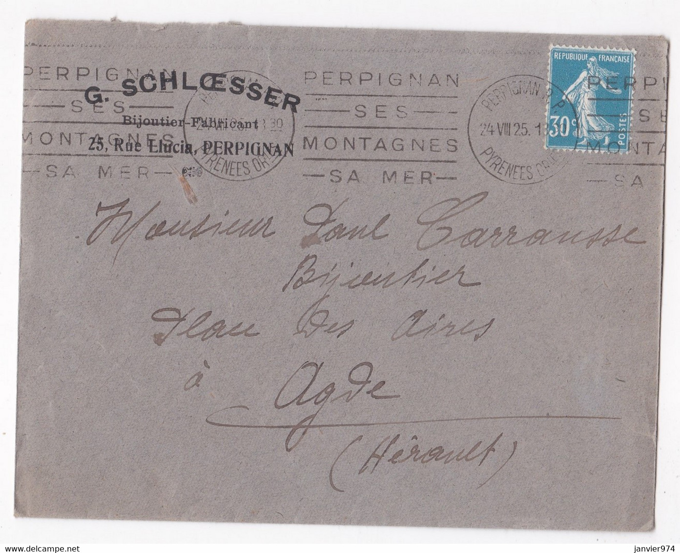 Enveloppe 1925, G. Schloesser, Bijoutier Fabriquant à Perpignan - Brieven En Documenten