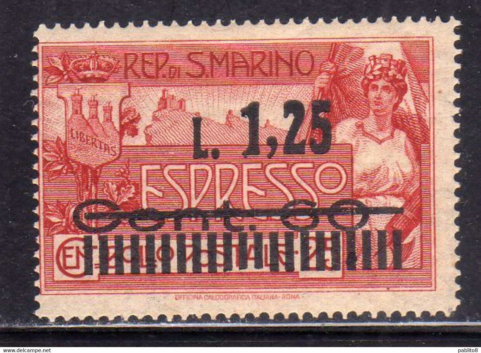 REPUBBLICA DI SAN MARINO 1927ESPRESSI ESPRESSO SOPRASTAMPATO SPECIAL DELIVERY SURCHARGED LIRE 1,25 SU CENT.60 SU 25c MNH - Francobolli Per Espresso