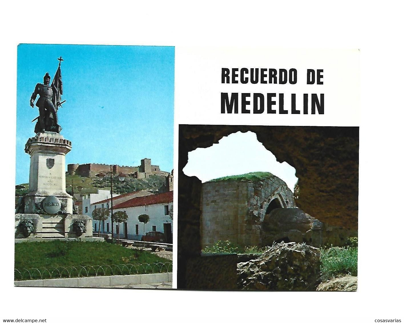 RECUERDO MEDELLIN BADAJOZ  HERNAN CORTES Y TEATRO ROMANO - POSTAL - Badajoz