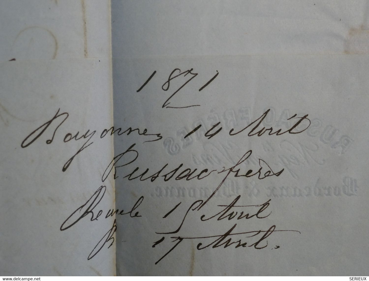 BO9 FRANCE   BELLE  LETTRE    1871 BAYONNE A BORDEAUX + EMISSION BORDEAUX N°45 ++ AFFRANCH.INTERESSANT++ - 1870 Emission De Bordeaux