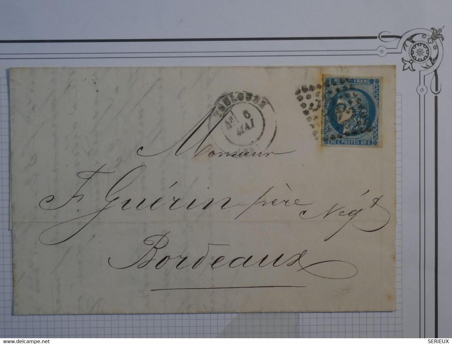 BO9 FRANCE  BELLE    LETTRE  6 MAI  1871 TOULOUSE A  BORDEAUX + EMISSION BORDEAUX N°45++ AFFRANCH. INTERESSANT++ - 1870 Bordeaux Printing