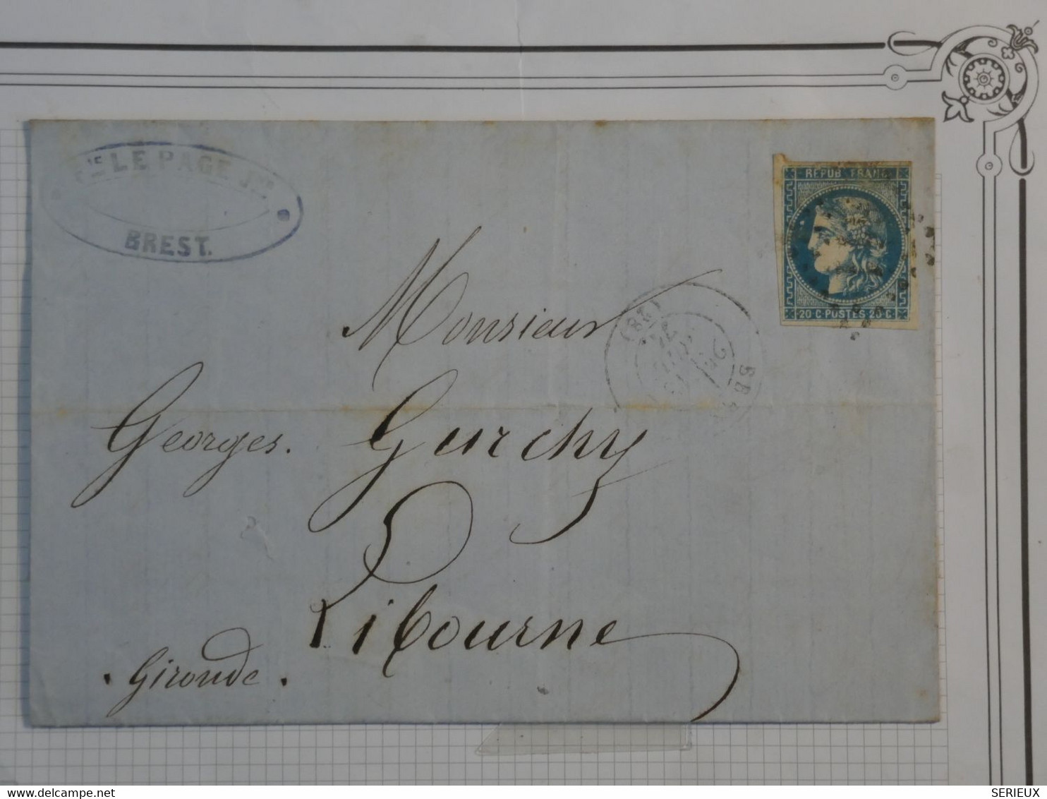 BO9 FRANCE  BELLE  LETTRE   1871 BREST A LIBOURNE + BORDEAUX N°46 VARIETE TACHE BLANCHE + AFFRANCH. INTERESSANT++ - 1870 Emission De Bordeaux