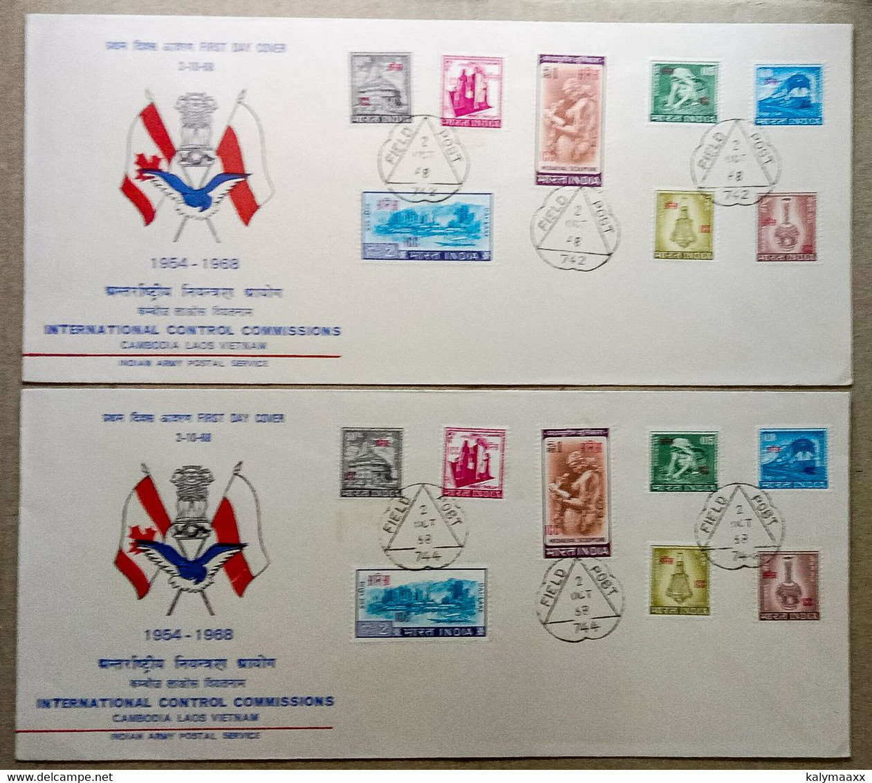 INDIA 1968 ICC OVERPRINTED COMPLETE SET OF 2 F.P.O CANCELLED COVERS & INFORMATION BROCHURE, VIETNAM, LAOS, CAMBODIA - Franchise Militaire