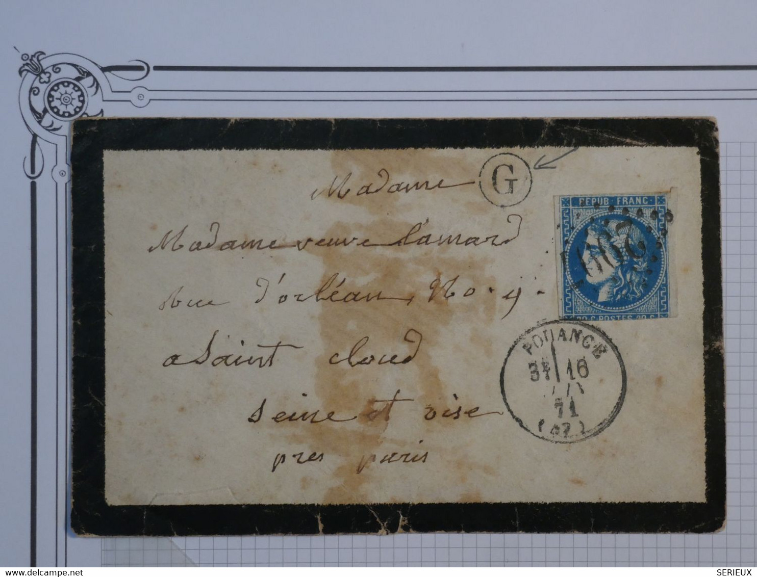 BO9 FRANCE  BELLE  LETTRE   1871 POUANGE A ST CLOUD + BORDEAUX N°45 +G + AFFRANCH. INTERESSANT++ - 1870 Emisión De Bordeaux