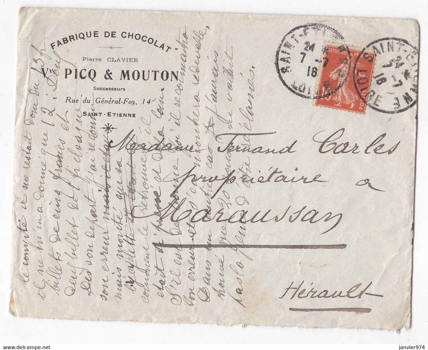 Enveloppe 1918, Fabrique De Chocolat  Pierre Clavier , Vve Picq & Mouton Successeurs à Saint Etienne - Covers & Documents