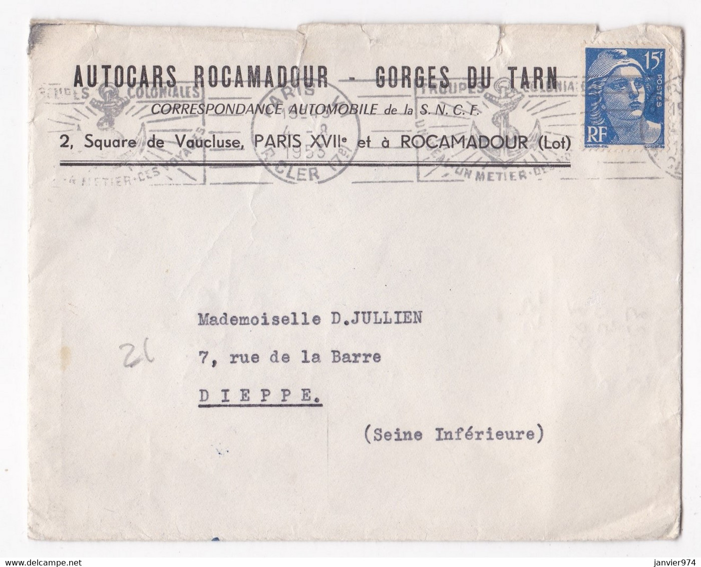 Enveloppe 1953, Autocars Rocamadour- Gorges Du Tarn , Pour Dieppe - Brieven En Documenten