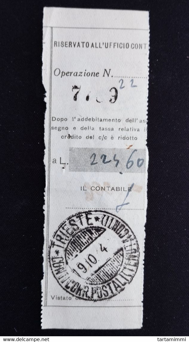 Ricevuta Vaglia Annullo Trieste Conti Correnti Postali Tenuta Conti 1944 - Otros & Sin Clasificación