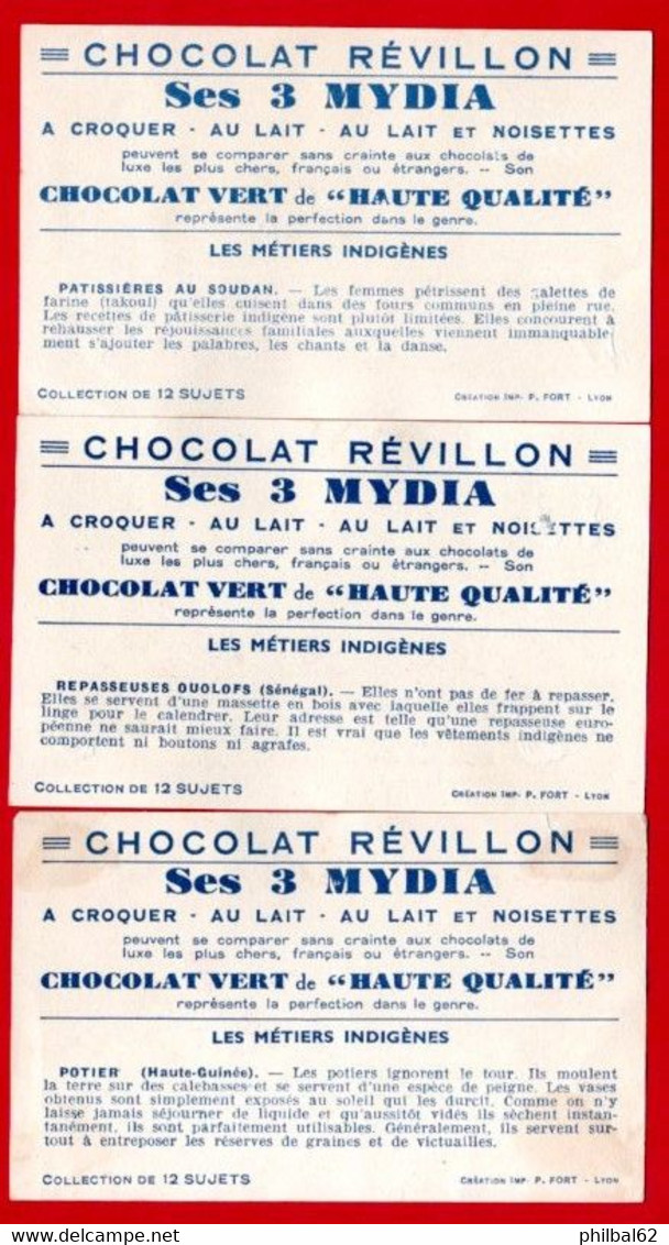 3 Cartes Chromos Publicitaires Révillon. Les Métiers Indigènes. Potier, Repasseuses Au Sénégal, Pâtissière Au Soudan. - Revillon