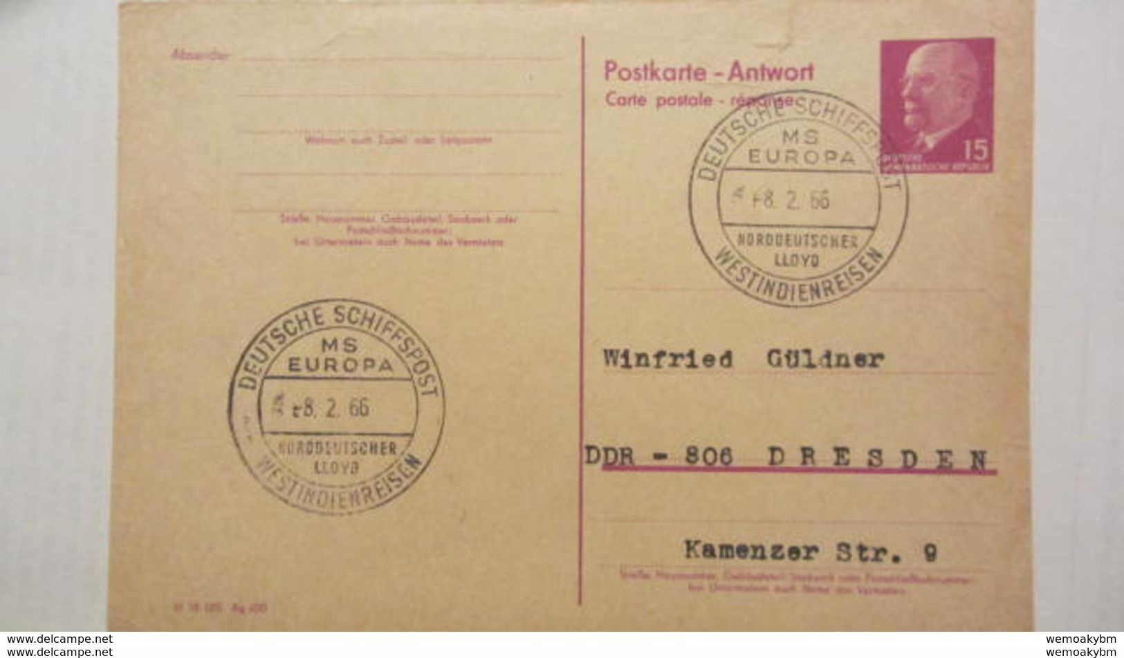 DDR Bis 66: Gs Mit 15 Pf W.Ulbricht Rotlila, A-Teil Von MS EUROPA Von Einer WESTINDIENREISE 8.2.66 Knr: P 74 /A - Postcards - Used