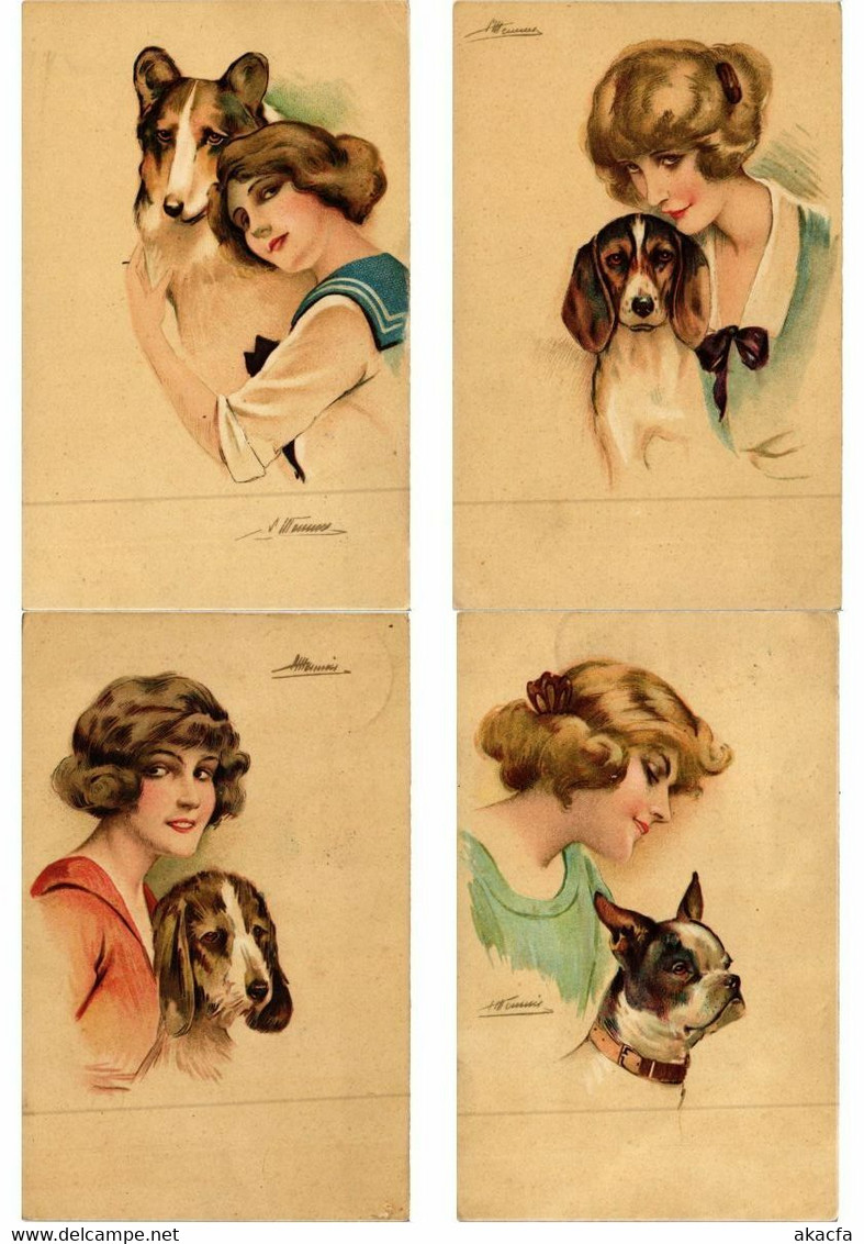 MEUNIER S. DOGS & LADIES ARTIST SIGNED SET OF 6 Vintage Postcards (L2595) - Meunier, S.