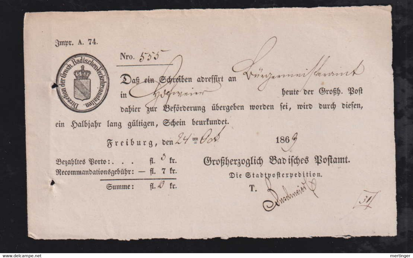 Baden 1869 Einschreiben Einlieferungsschein FREIBURG - Storia Postale