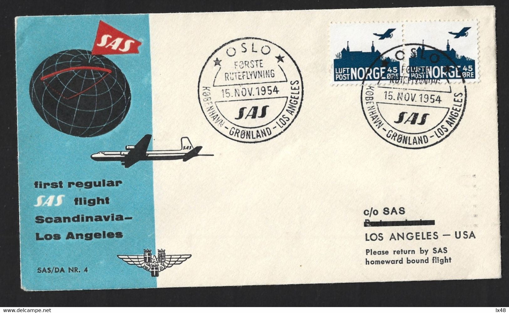 Charter Av Første Regulære Fly SAS Kobenhavn-Greenlandia - Los Angeles USA I 1954. Charter Of 1st Regular Flight SAS Kob - Storia Postale