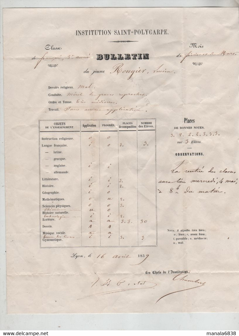 Institution Saint Polycarpe Lyon 1859 Rougier  Bulletin Scolaire Chambert Chef - Diplômes & Bulletins Scolaires