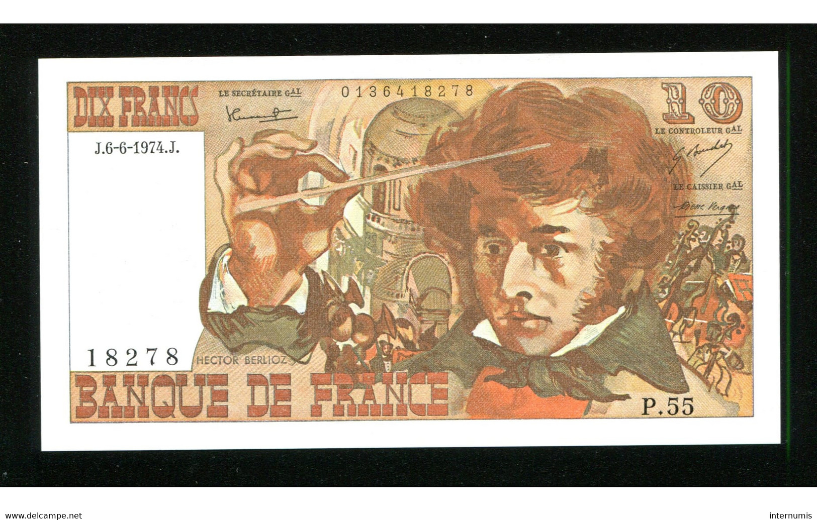 France, 10 Francs, BERLIOZ, 6-6-1974.J, N° : P.55-18278, Choice UNC (Pr. Neuf), P.150a, F.63.05 - 10 F 1972-1978 ''Berlioz''