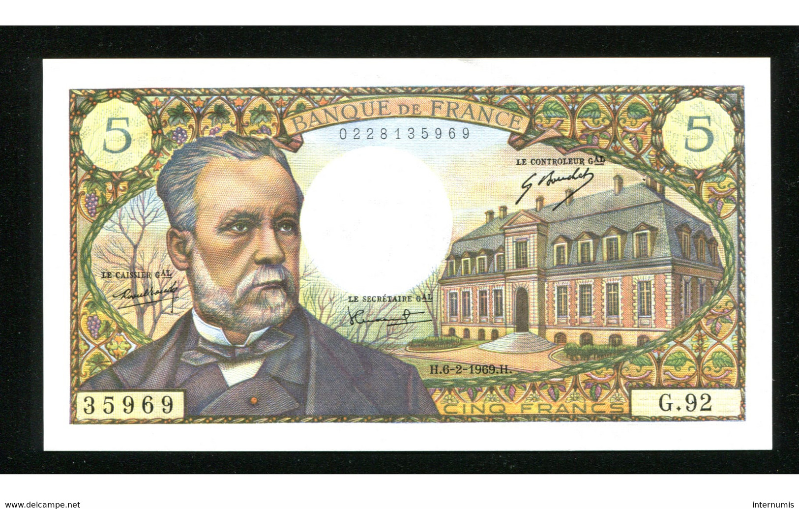 France, 5 Francs, PASTEUR, 6-2-1969.H, N° : G.92-35969, SUP (EF), P.146b, F.61.09 - 5 F 1966-1970 ''Pasteur''