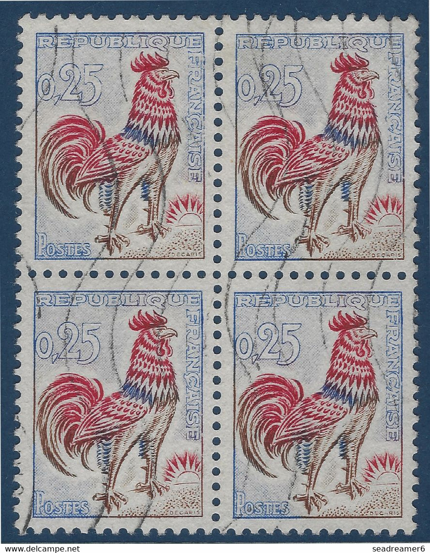 France Coq De Decaris FLUO N°1331d Bloc De 4 Oblitéré, Rare En Bloc De 4 !! Signé Calves - 1962-1965 Haan Van Decaris