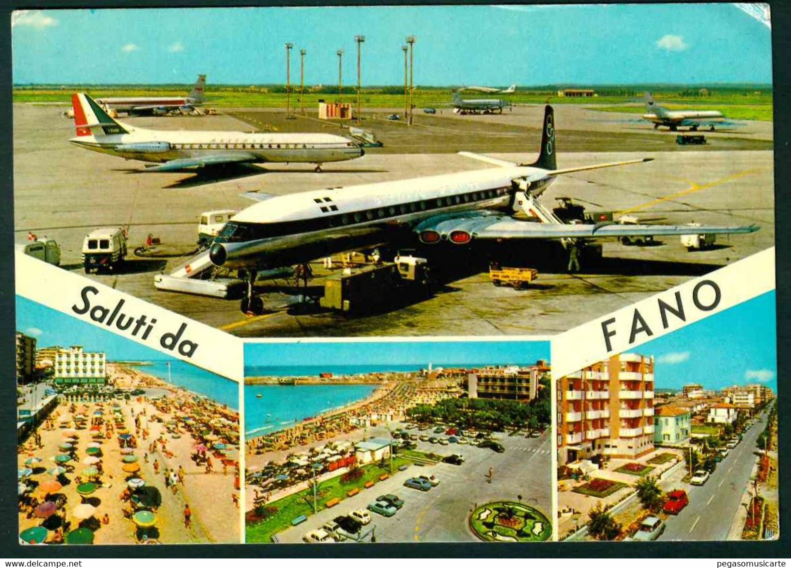 CLL147  -  SALUTI DA FANO - 4 VEDUTE ANIMATA AUTO CAR AVION AEREO AIRPLANE AIRPORT 1969 - Fano