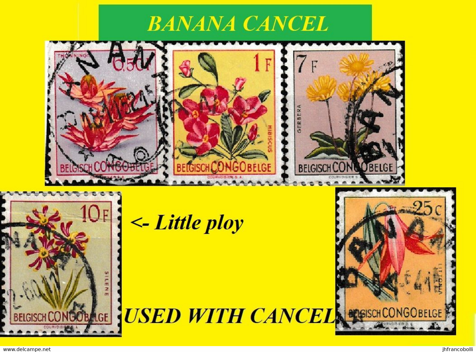 1952 (°) BANANA BELGIAN CONGO  CANCEL STUDY [6] COB 305+310+317+318+320 TROPICAL FLOWERS SELECTION X 5 CANCELS - Plaatfouten En Curiosa