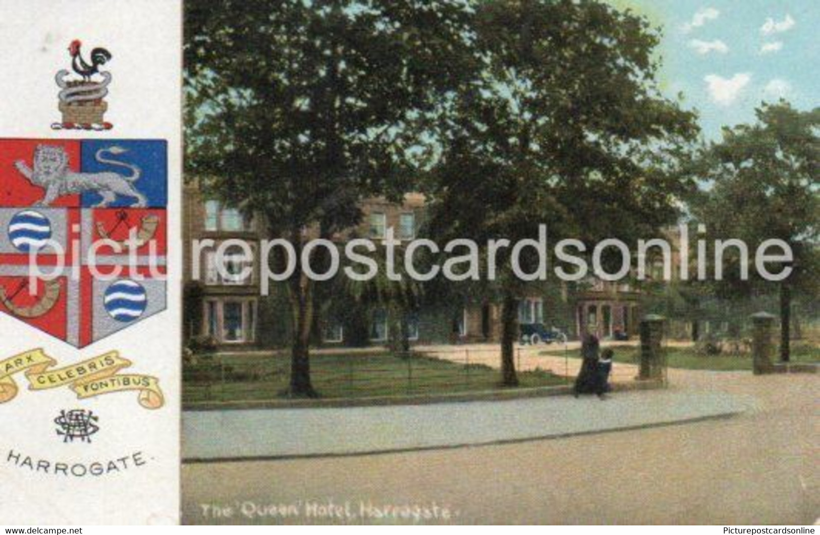 HARROGATE THE QUEEN HOTEL OLD COLOUR POSTCARD YORKSHIRE WITH CREST - Harrogate