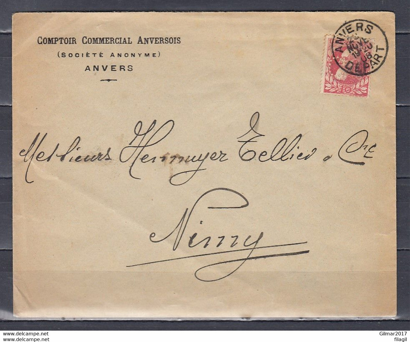 74 Op Brief Gestempeld ANVERS DEPART Naar NIMY Perfin C - 1863-09