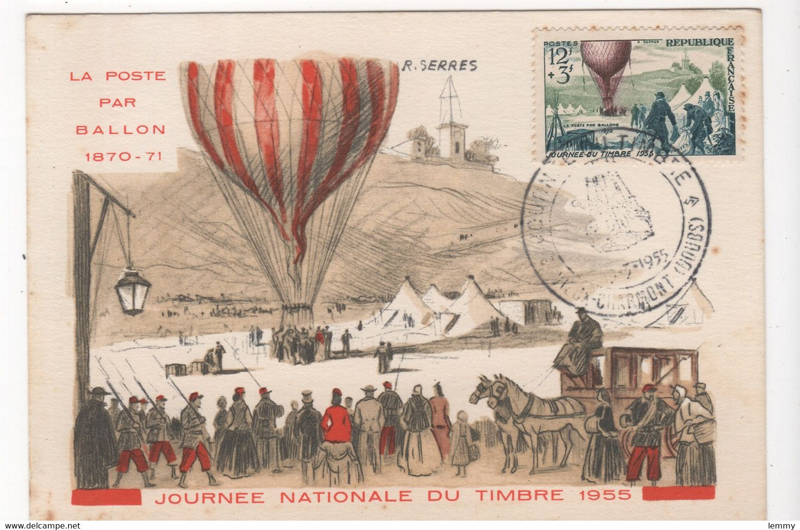 JOURNÉE DU TIMBRE 1955 - LA POSTE PAR BALLON - CARTE MAXIMUM - Poste & Facteurs