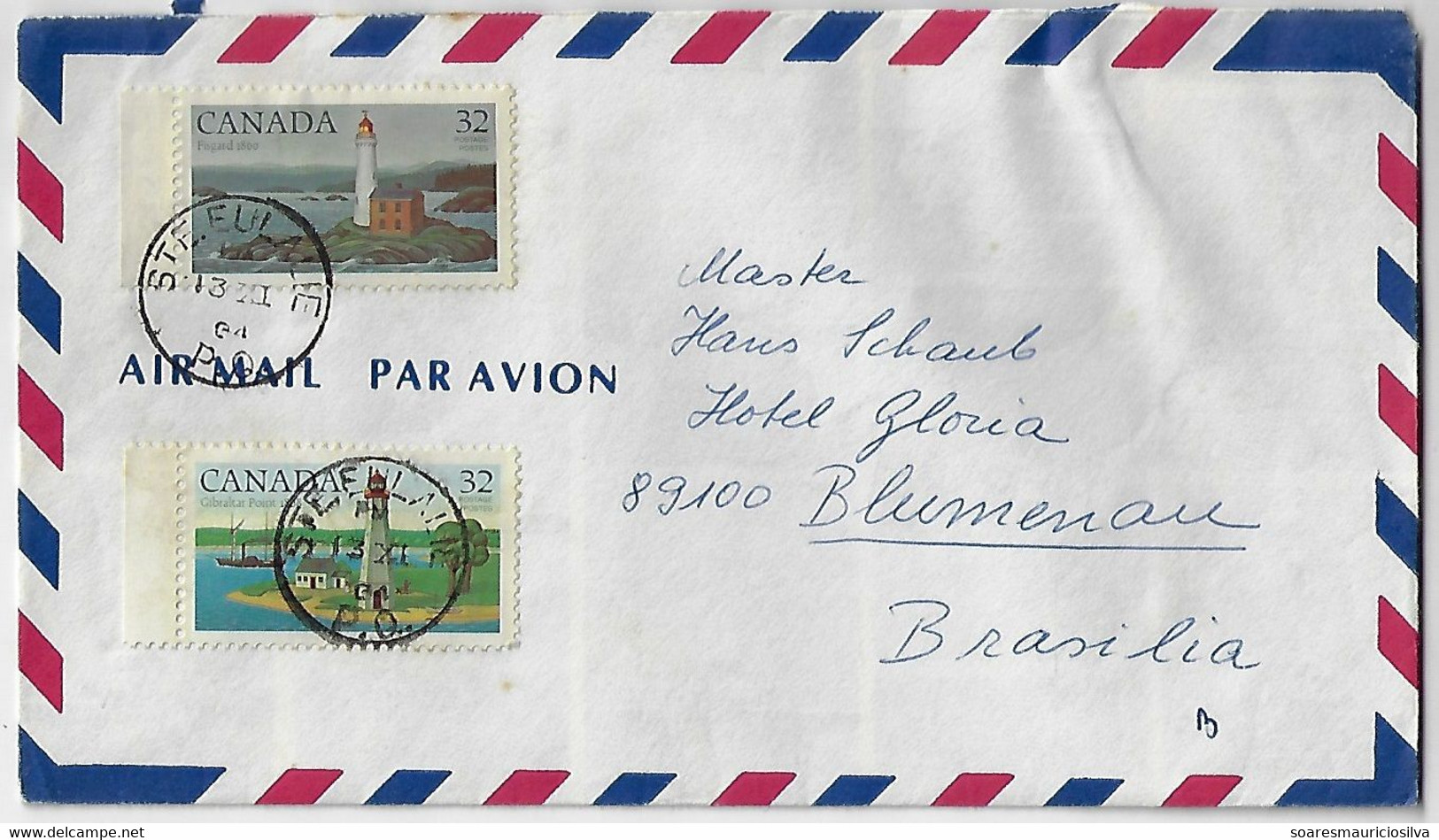 Canada 1984 Airmail Cover Sent From Sainte-Eulalie To Blumenau Brazil 2 Stamp Lighthouse 32 Cents - Covers & Documents