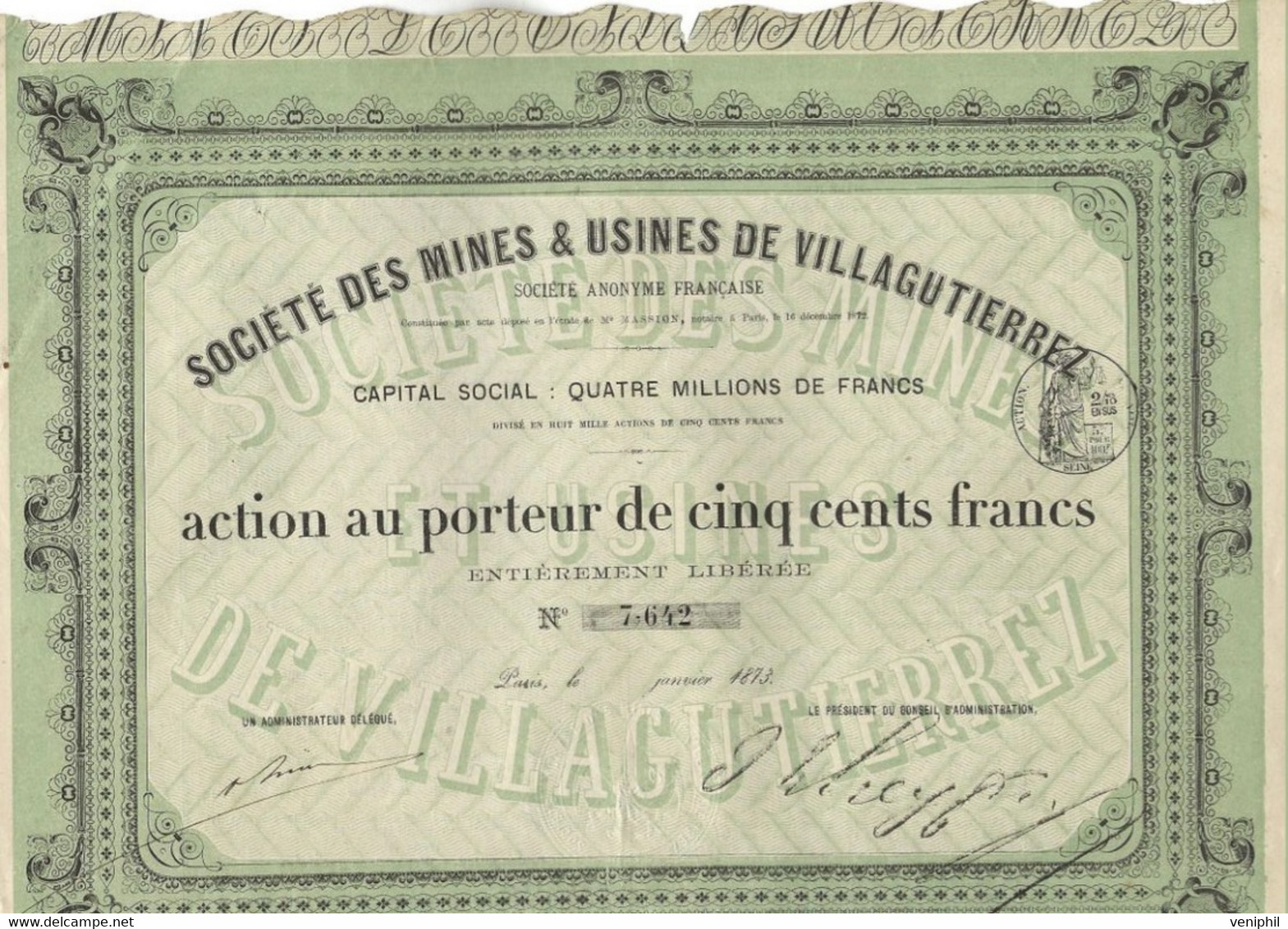 SOCIETE DES MINES ET USINES DE VILLAGUTIERREZ - ESPAGNE -MINES DE CHARBONS - ACTION 500 FRS - ANNEE 1873 - Mineral