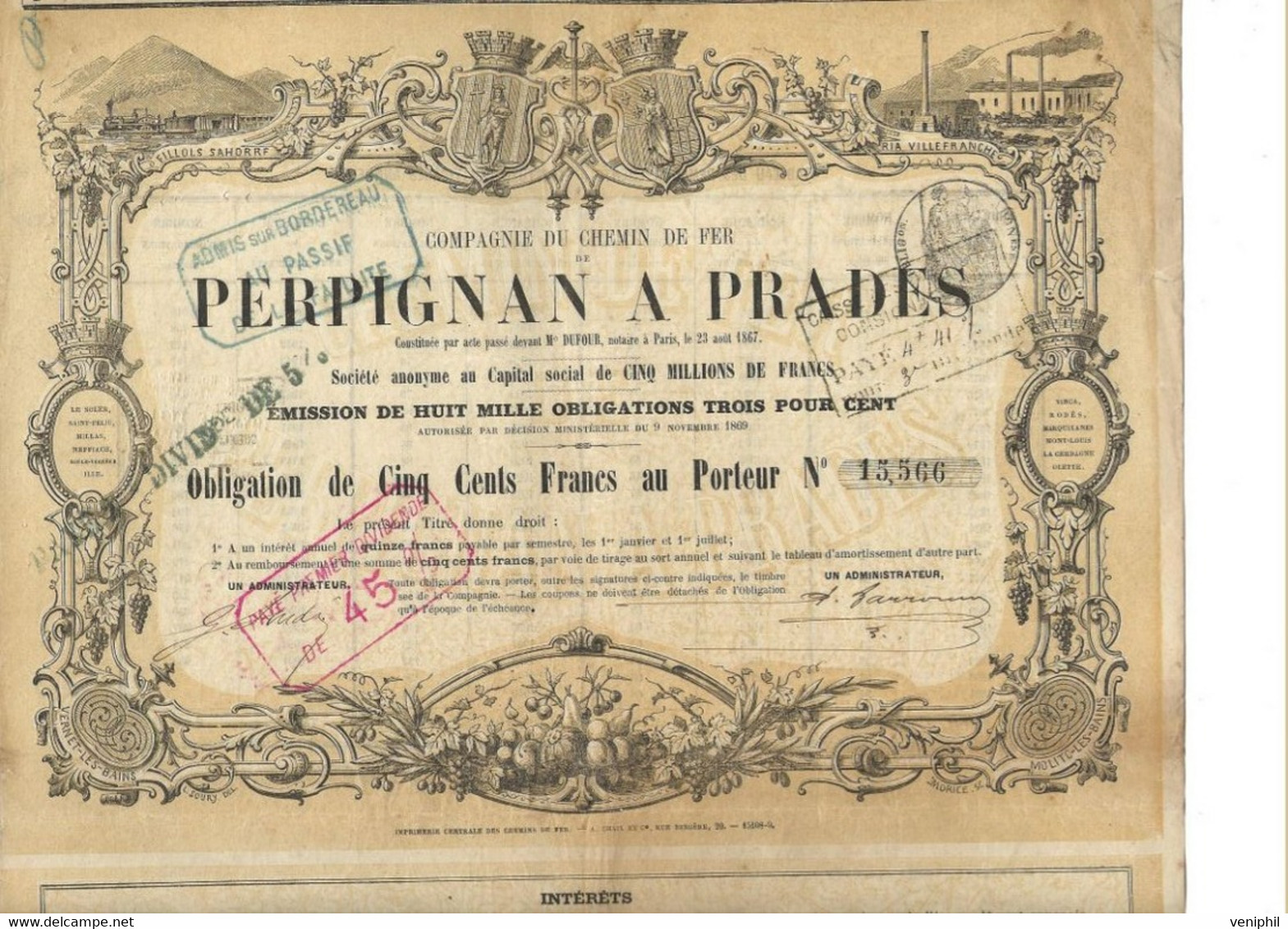 COMPAGNIE DE CHEMIN DE FER  - PERPIGNAN  A PRADES - OBLIGATION DE 500 FRS  - ANNEE 1867 - Chemin De Fer & Tramway