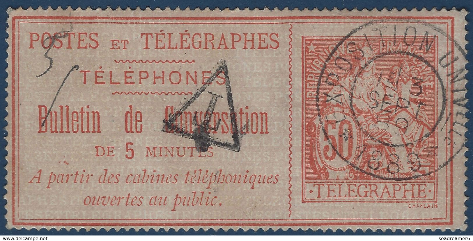 France Timbre Téléphone N°9 50c Rouge Sur Rose Oblitéré Du Rare Dateur De L'expo Universelle 3 Sept 1889 !! RRR - Telegrafi E Telefoni