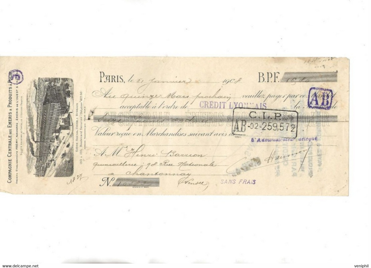 LETTRE DE CHANGE - COMPAGNIE CENTRALE DES EMERIS DE L'OUEST - PARIS 1908 - Bills Of Exchange