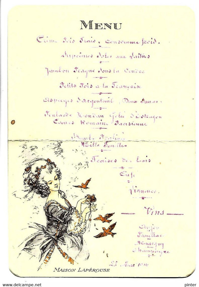 MENU - MAISON LAPEROUSE - 28 Mai 1914 - Menus