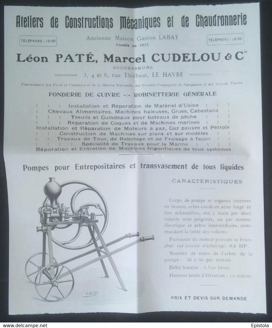 ► 1925 POMPE D'ENTREPOT Pour Liquide Ets PATE-CUDELOU & Cie Le Havre  - Coupure De Presse Originale (Encadré Photo) - Materiaal En Toebehoren