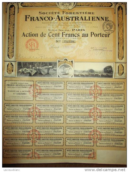 Société Forestiere Franco-Australienne/ Action De 100 Francs Au Porteur/Paris/Royer/nancy/1921       ACT27Bis - Automobilismo