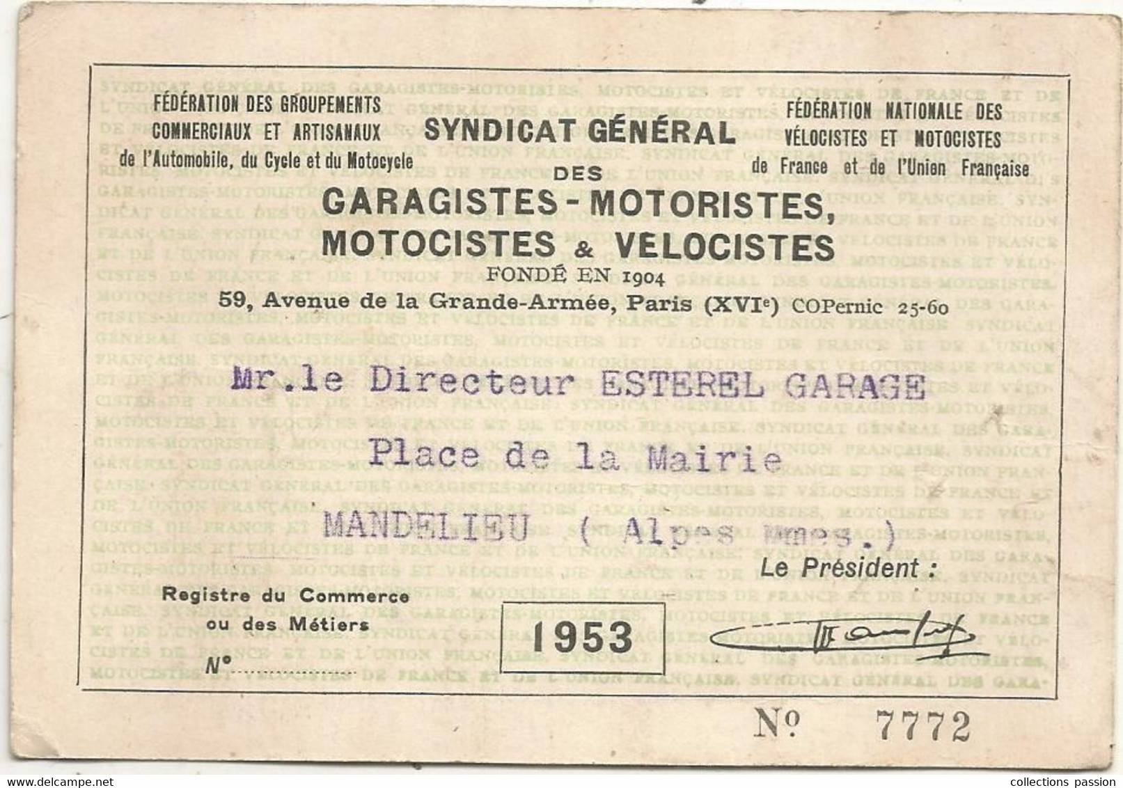 Carte De Membre, Syndicat  Des Garagistes-Motoristes, Motocistes Et Vélocistes,Paris, 1953 - Tessere Associative