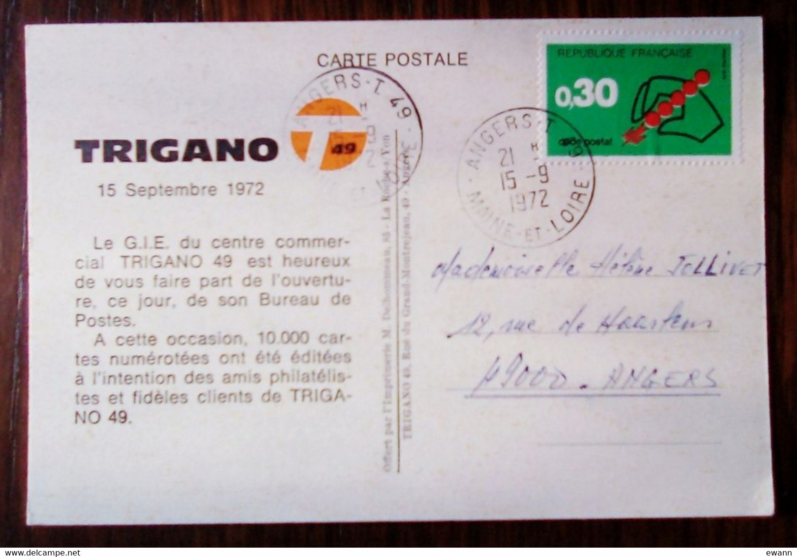 Carte Postale Publicitaire Numérotée - Ouverture Bureau De Poste à Angers - Trigano 49 - Poste & Facteurs