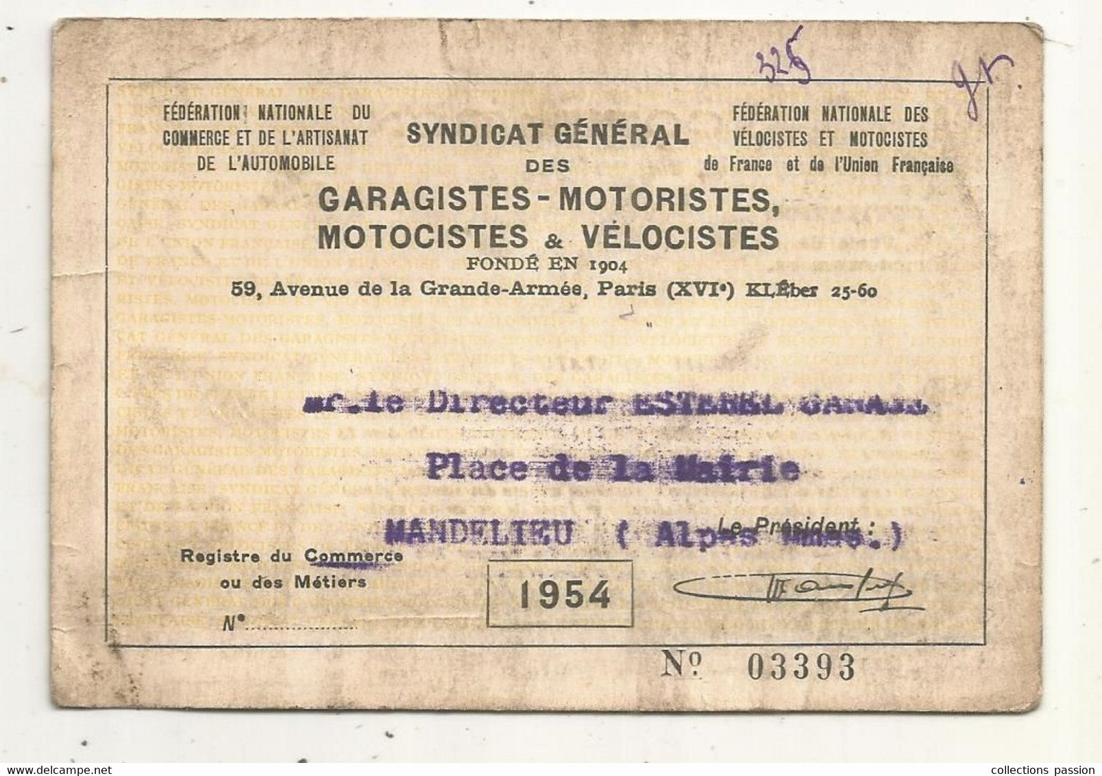 Carte De Membre, Syndicat  Des Garagistes-Motoristes, Motocistes Et Vélocistes,Paris, 1954 - Mitgliedskarten