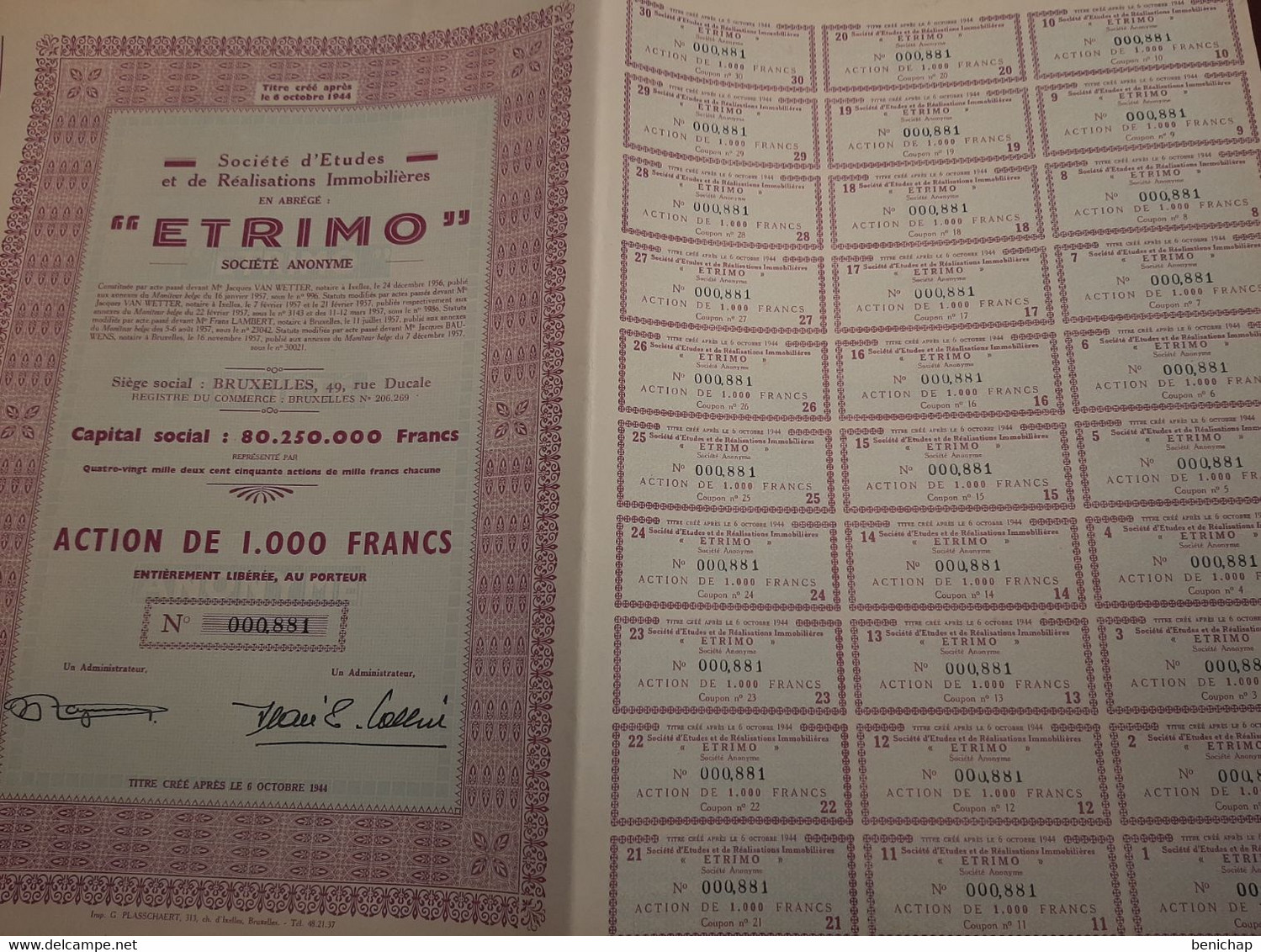 Etrimo - Société D'Etudes Et De Réalisations Immobilières S.A. - Action De 1000 Frs.- Bruxelles Décembre 1957. - Bank & Versicherung