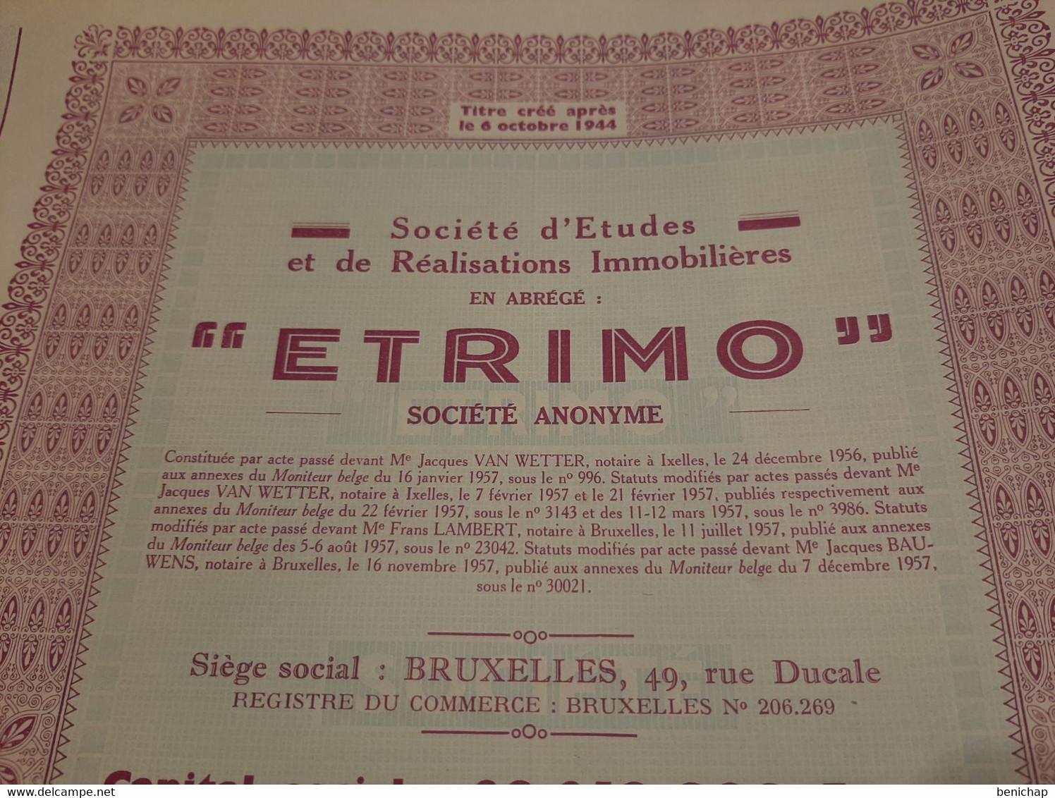 Etrimo - Société D'Etudes Et De Réalisations Immobilières S.A. - Action De 1000 Frs.- Bruxelles Décembre 1957. - Banque & Assurance