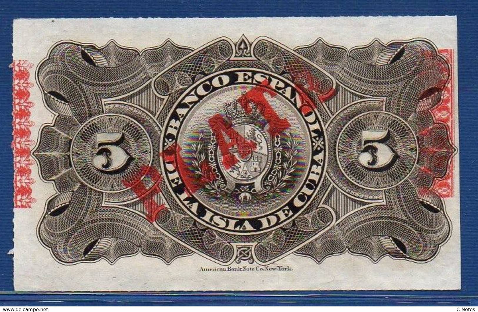 CUBA - P. 48b – 5 Pesos 15.05.1896 Red Diagonal Overprint "PLATA" AUNC Serie 0271457 - Cuba