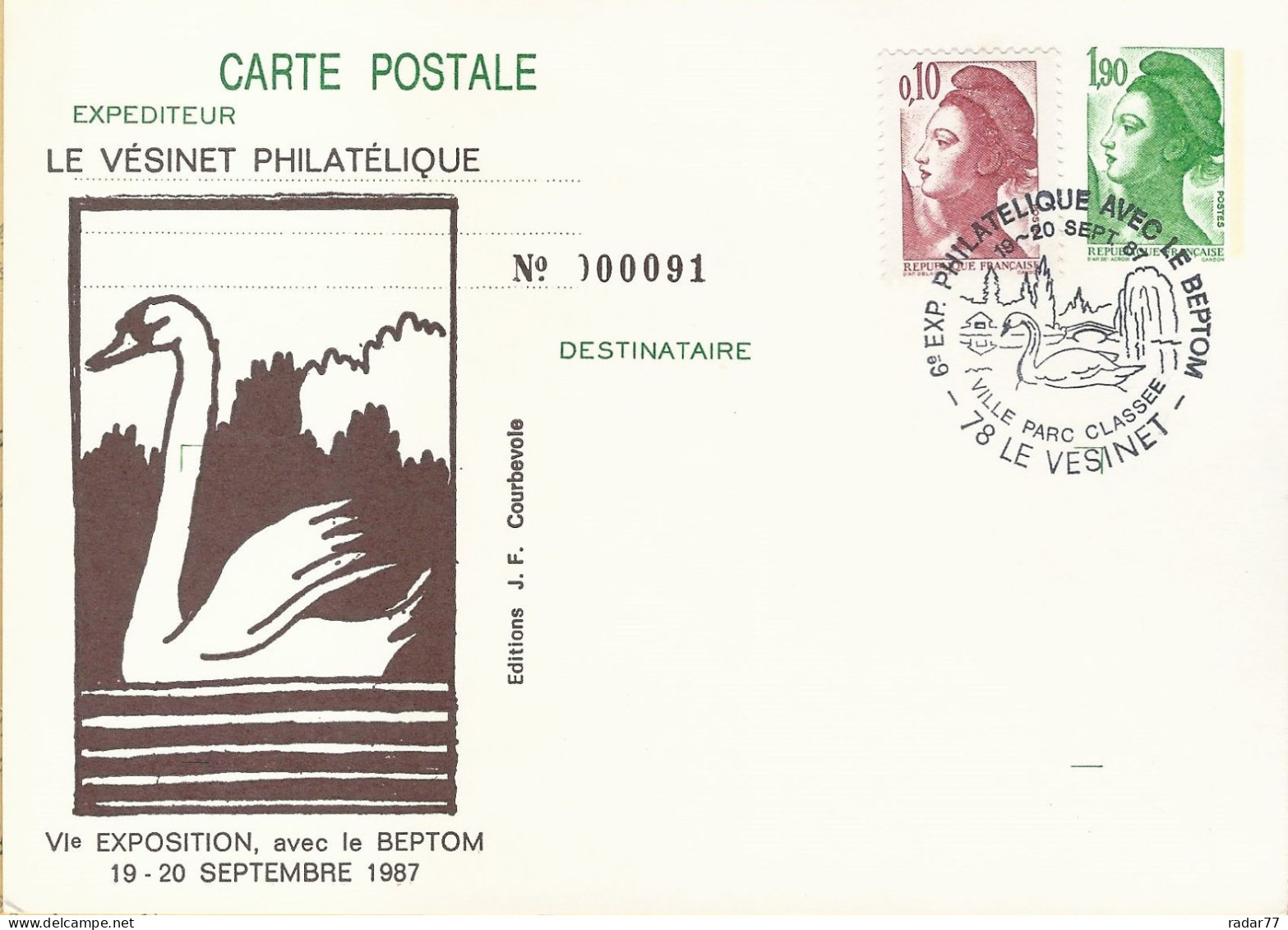 Entier 2424-CP1 Avec Repiquage Cygne - 6ème Exposition Philatélique Avec Le Beptom - Le Vésinet - 19-20/09/1987 - Cisnes